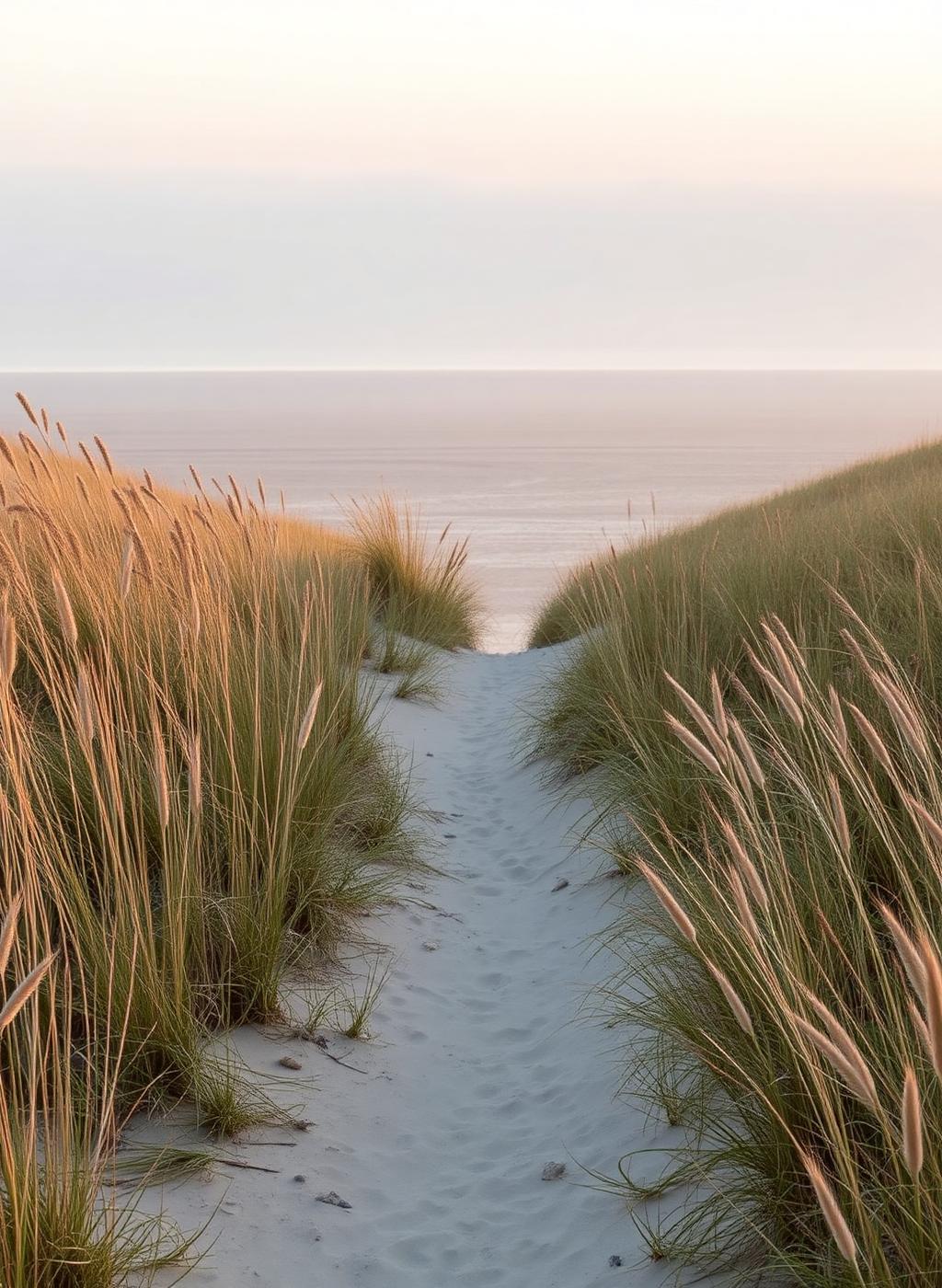 A sandy path through dune grass leading down to the shoreline