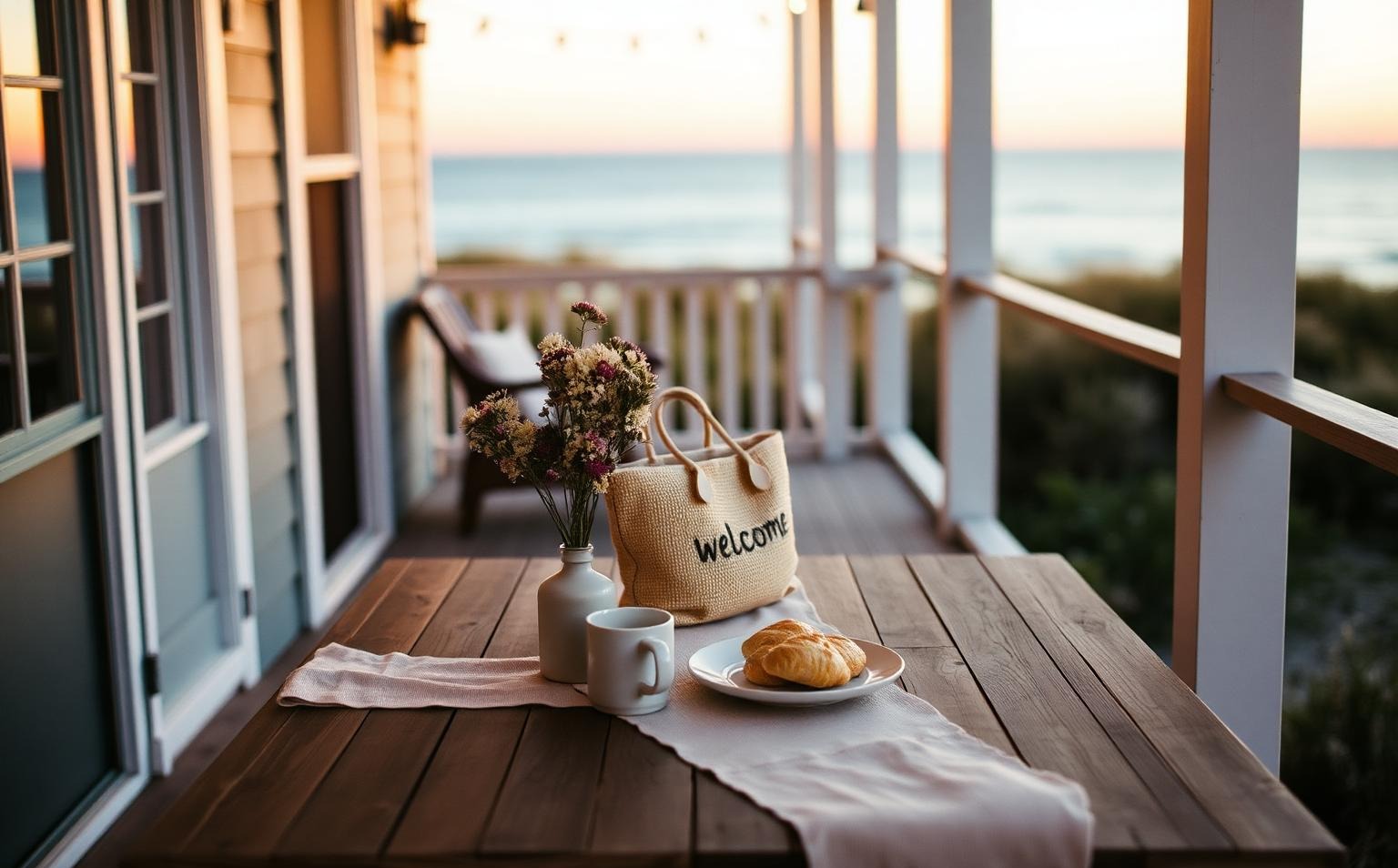 A porch table set with wildflowers, a welcome tote, coffee and pastries overlooking the ocean