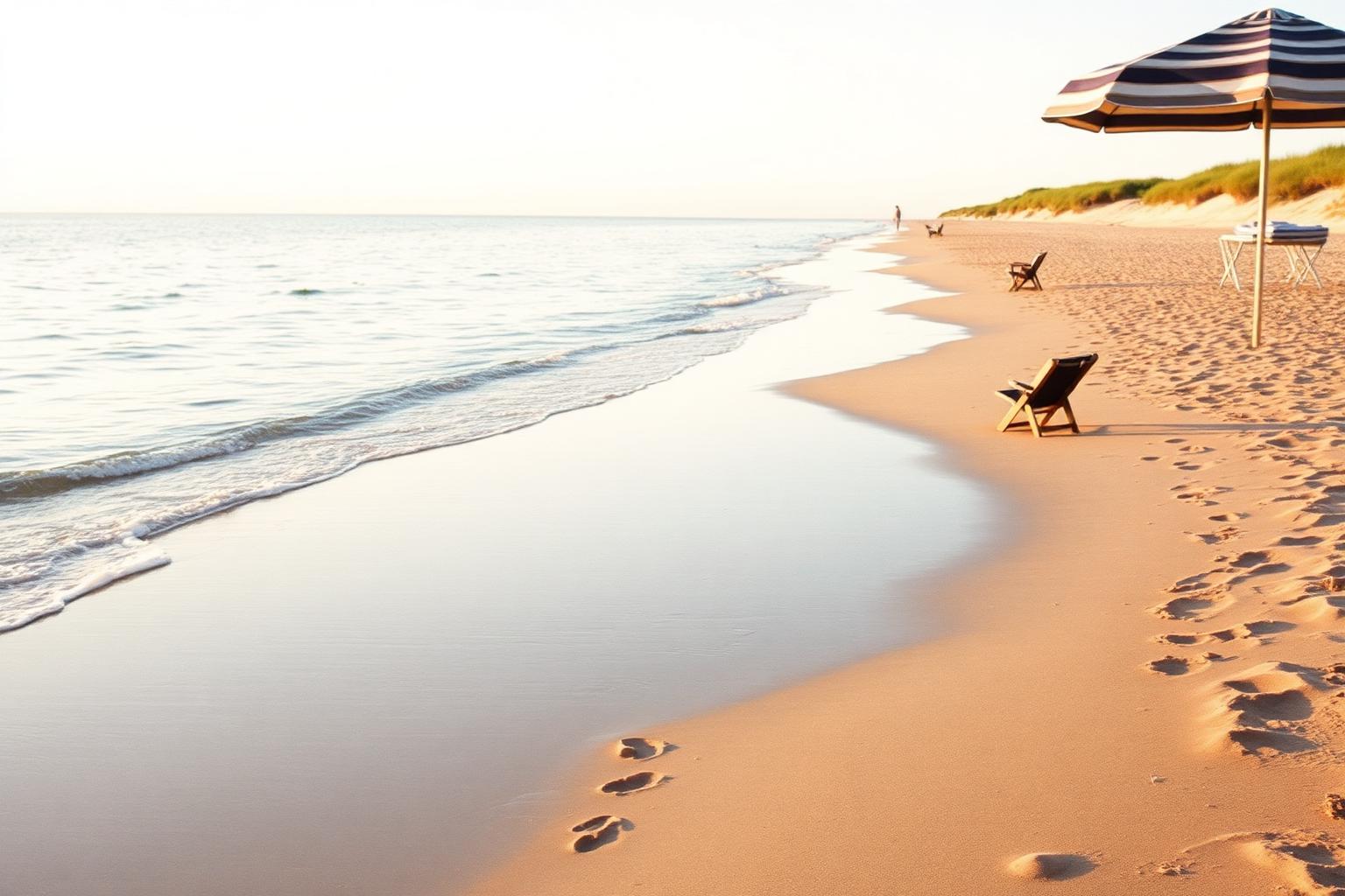 An empty shoreline at Inkwell Beach with a striped umbrella and footprints in the sand