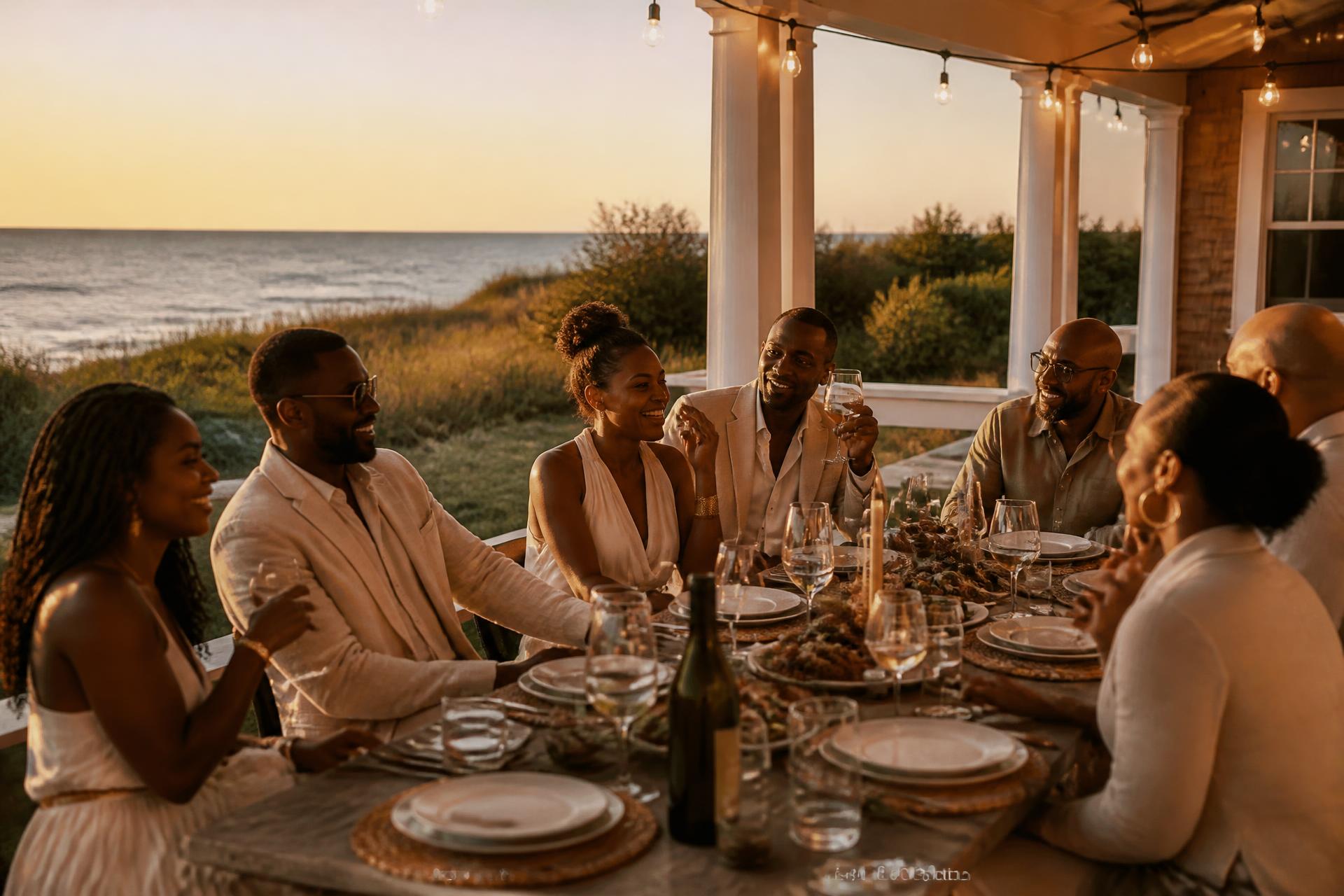 Friends sharing an evening meal on an oceanfront porch on Martha's Vineyard